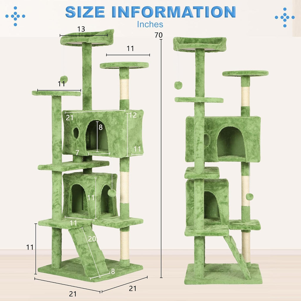 FDW | 70" Cat Tree Tower | Green | Multi-Level Indoor Activity Center