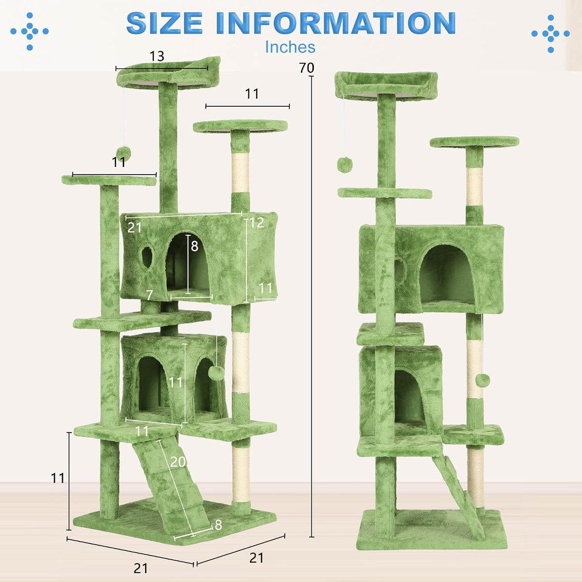 FDW | 70" Cat Tree Tower | Green | Multi-Level Indoor Activity Center