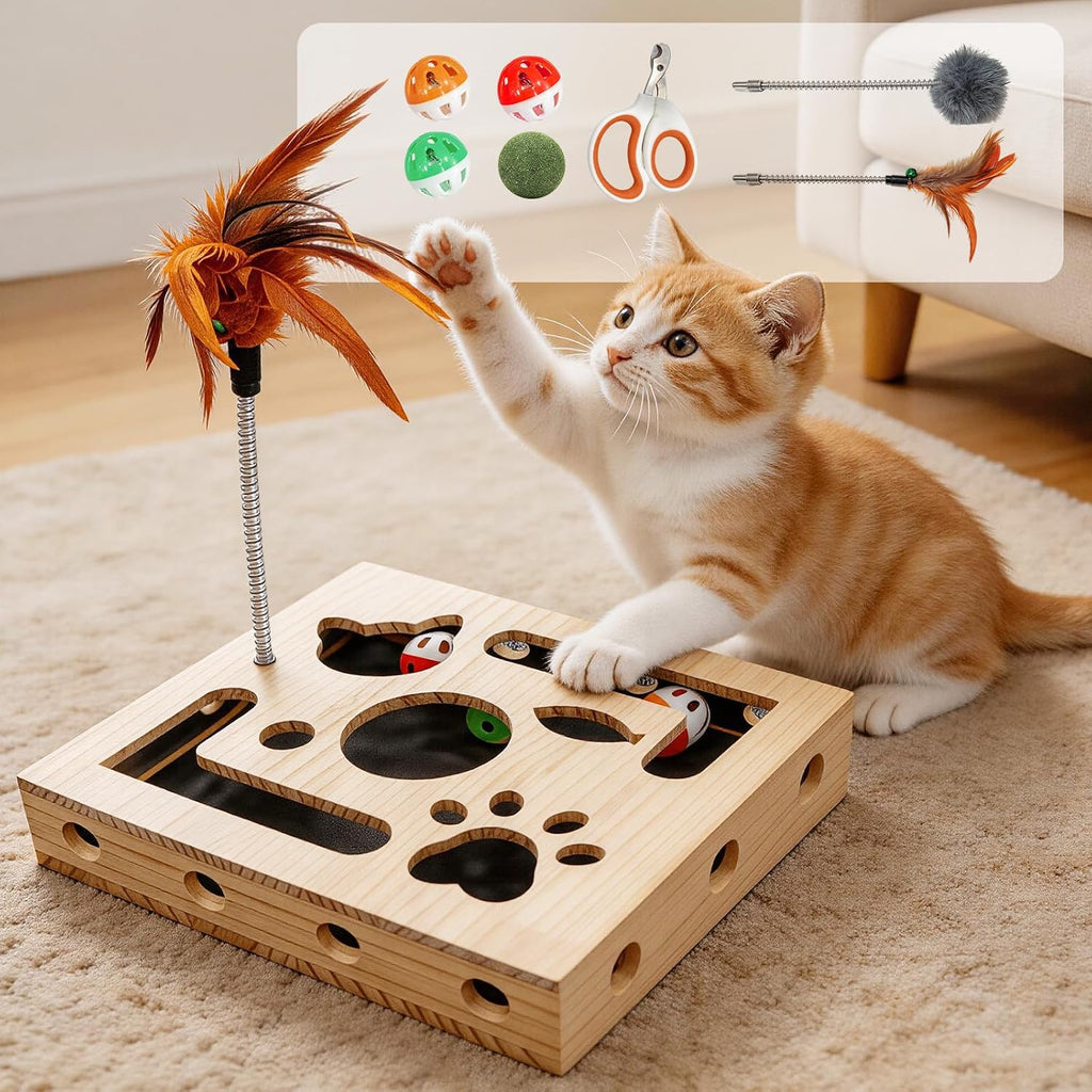 Cat Scratch Puzzle Box for Indoor Cats, Wooden Cat Enrichment Toy