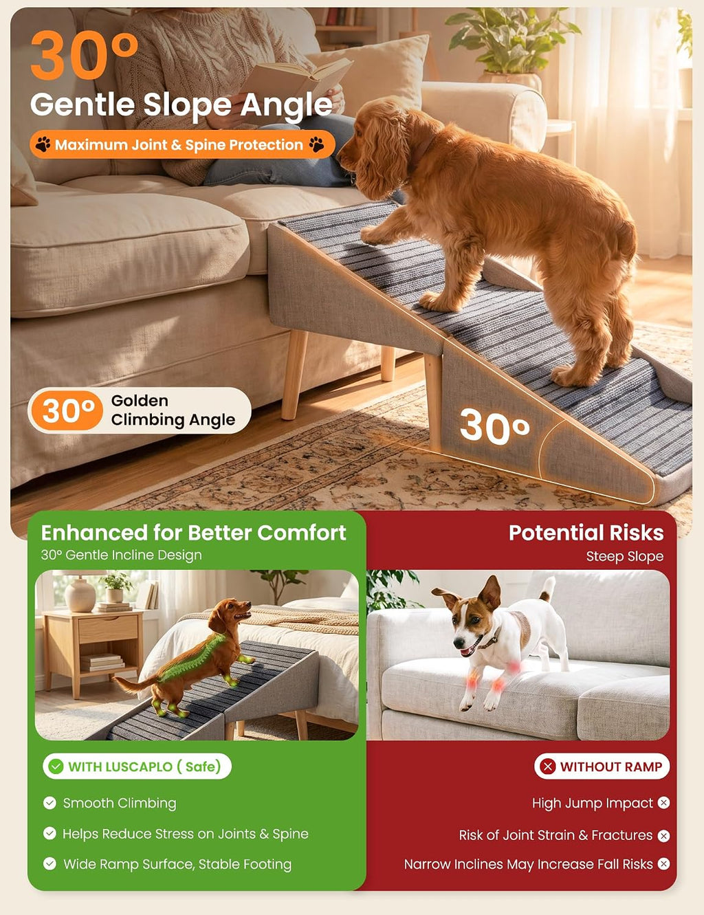 Dog Ramp for Small & Large Dogs, Pet Stairs for Bed & Couch, 2-in-1, 19" H