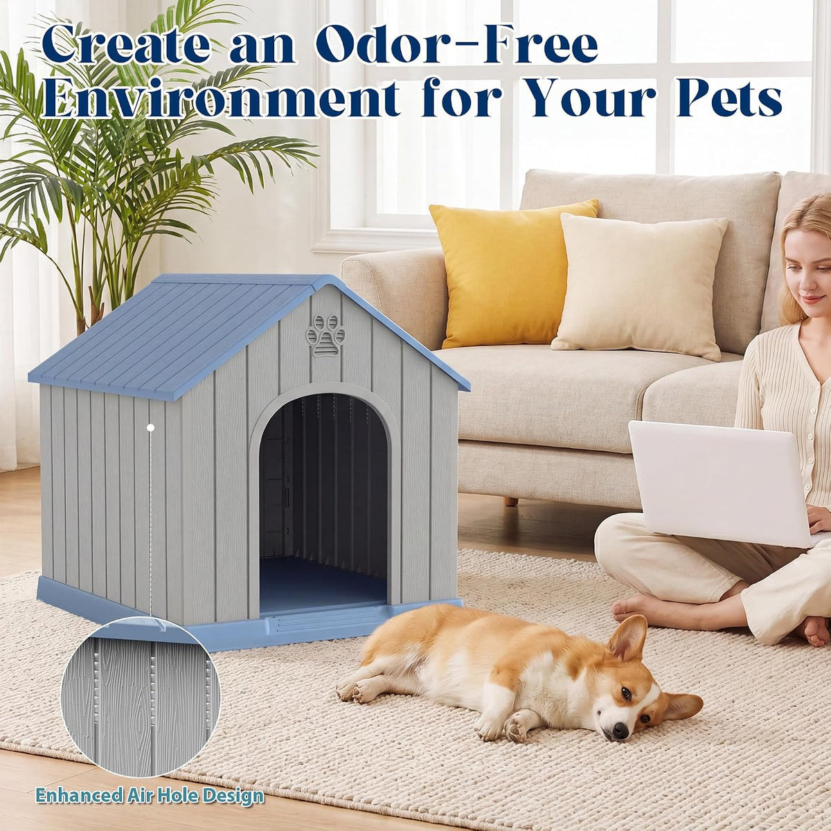 Dog House Outdoor, Plastic Small Dog House-Weatherproof Design with Air Vents & Elevated Floor for Small to Medium Dogs, Easy Clean and Assemble (Classic Blue, 26''L × 23.6''W × 25.8''H)