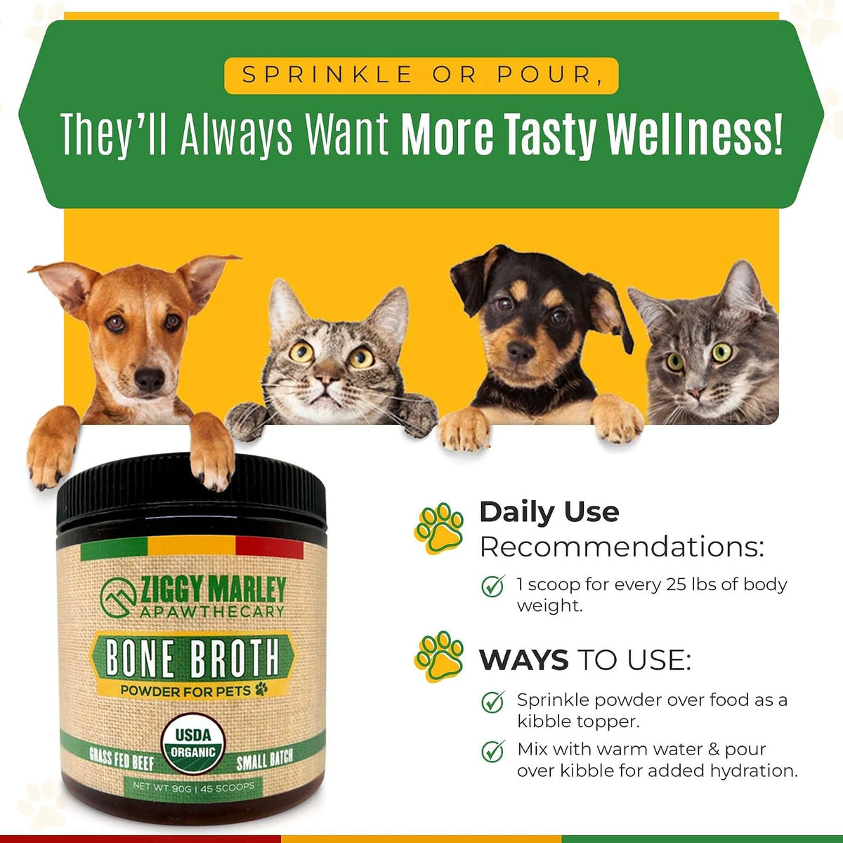 Ziggy Marley's USDA Organic Beef Bone Broth Powder for Dogs & Cats - Support Joints, Coat, and Skin - Human Grade Grass Fed Beef, 90 Grams