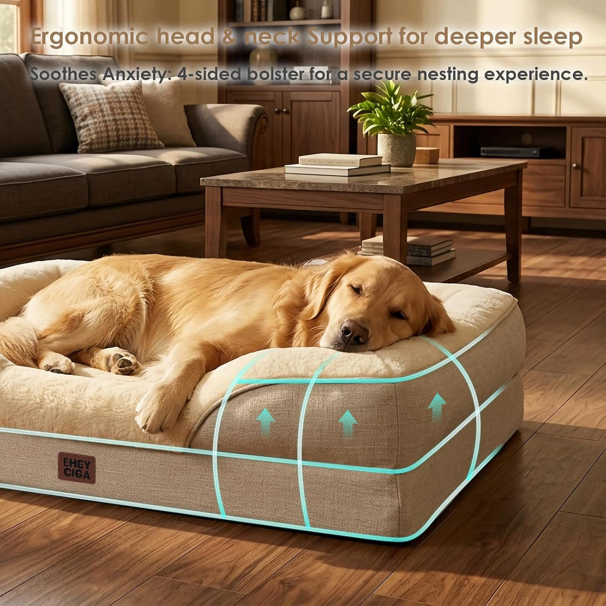 EHEYCIGA Orthopedic Dog Bed for Large Dog, Memory Foam Dog Couch, Beige