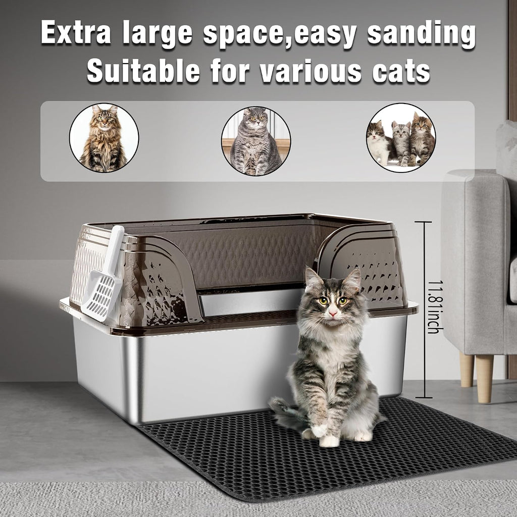 Suhaco XXL Stainless Steel Litter Box with High Sided Deep Side Entry Deep Extra Large Metal Litter Box Included Mat & Scoop Anti-Urine Leakage Cat Litter Boxes for Big Cats (Black)