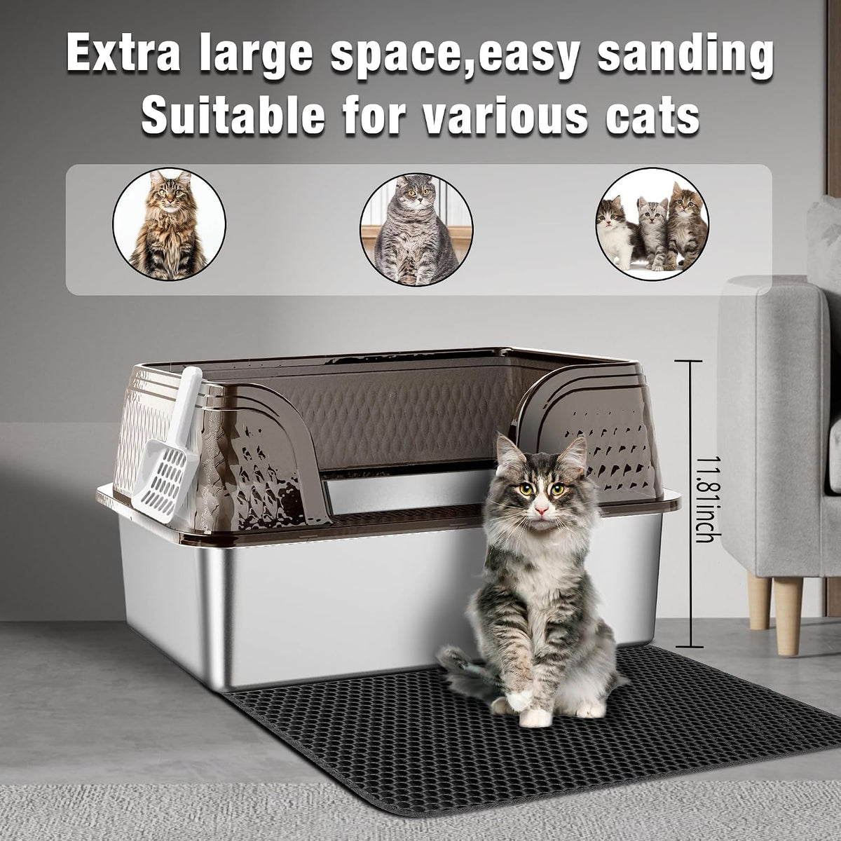 Suhaco XXL Stainless Steel Litter Box with High Sided Deep Side Entry Deep Extra Large Metal Litter Box Included Mat & Scoop Anti-Urine Leakage Cat Litter Boxes for Big Cats (Black)