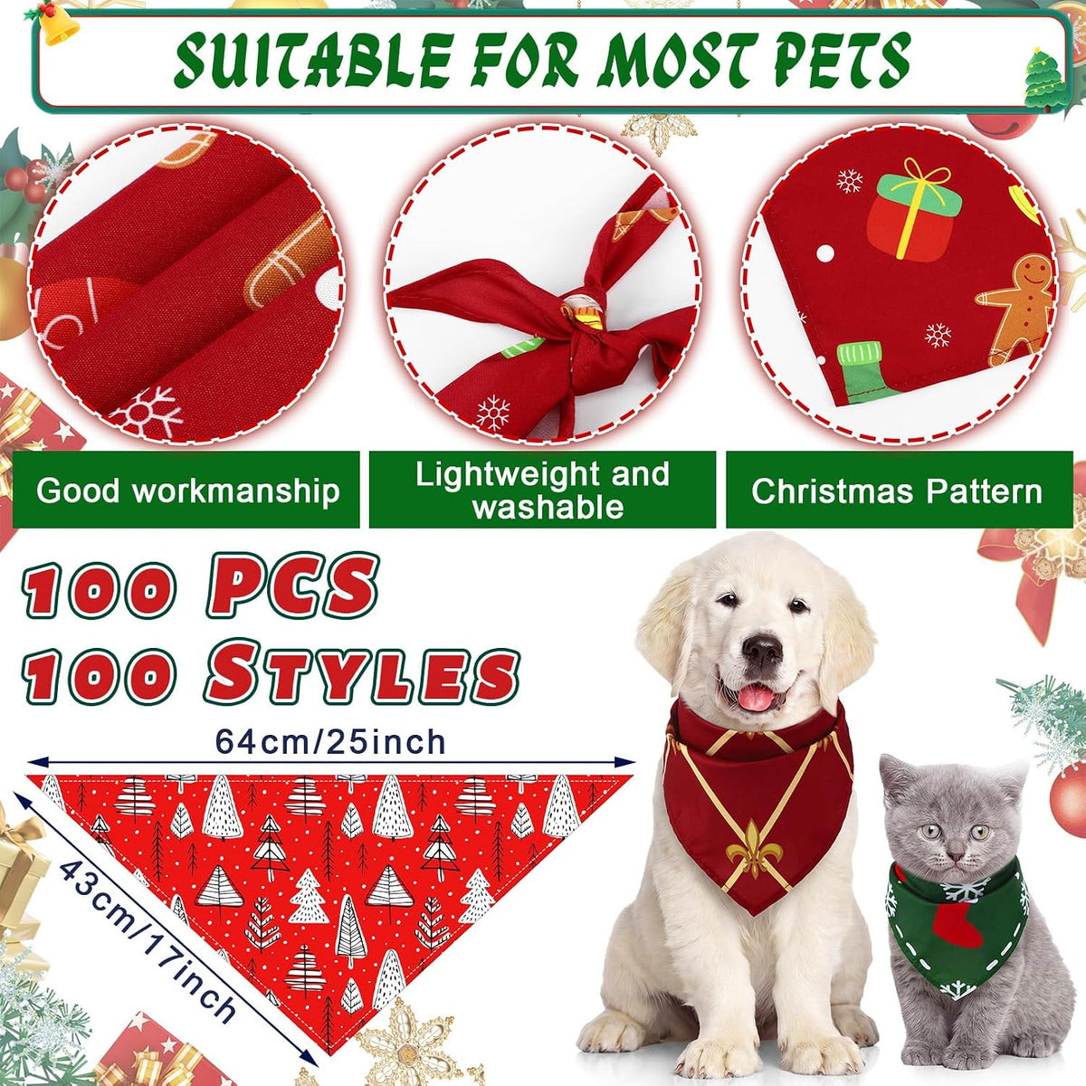 Huhumy 100 Pcs Christmas Dog Bandanas Bulk Bandanas for Medium Large Dogs