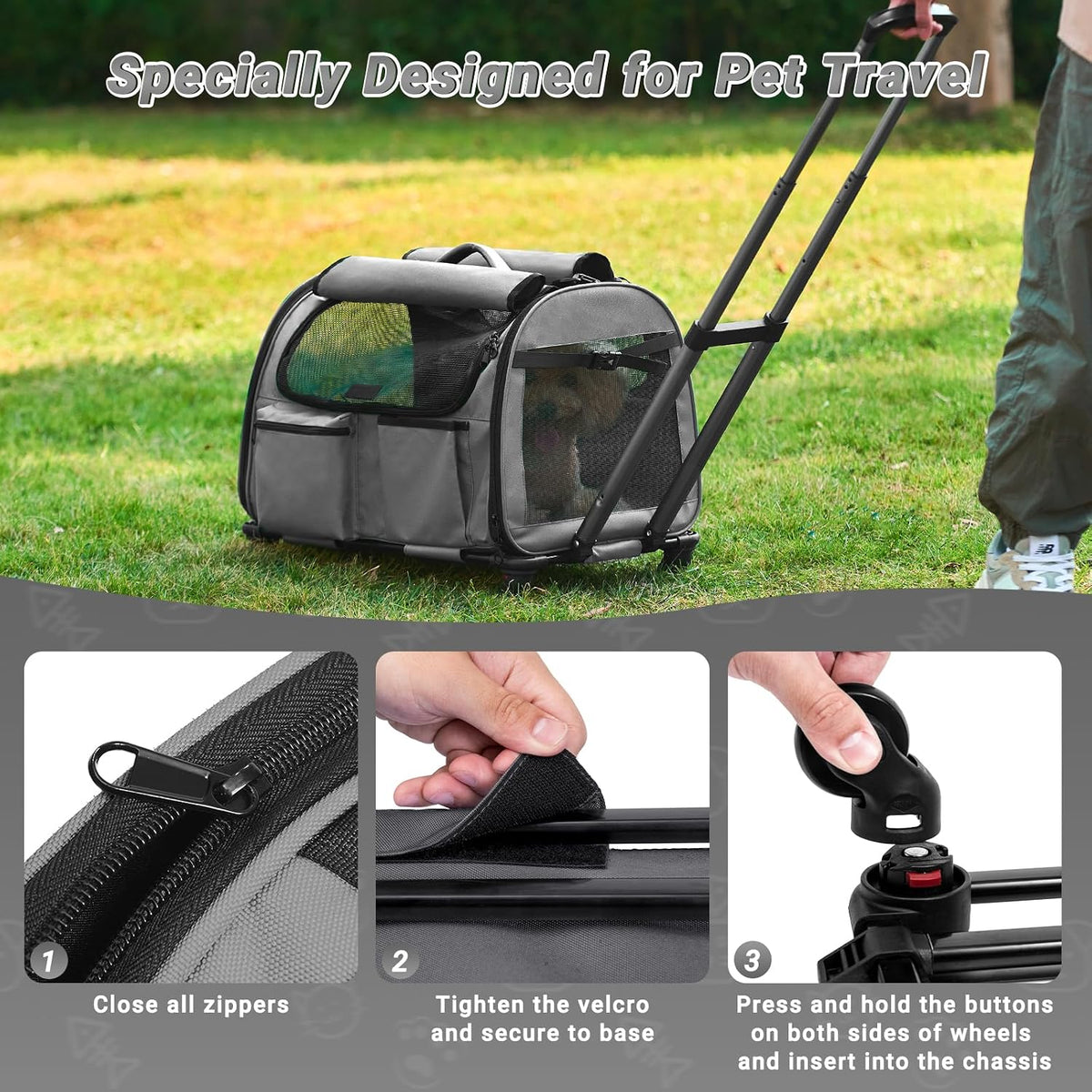 Large Pet Carrier with Wheels, Foldable Rolling Dog Carrier with Big Pocket, Cat Rolling Bag 21"x13"x13" for 2 Cats &Dogs, for Travel, Outdoor, Vet Visits, Camping, Indoor. Gray. (Not for Airline)