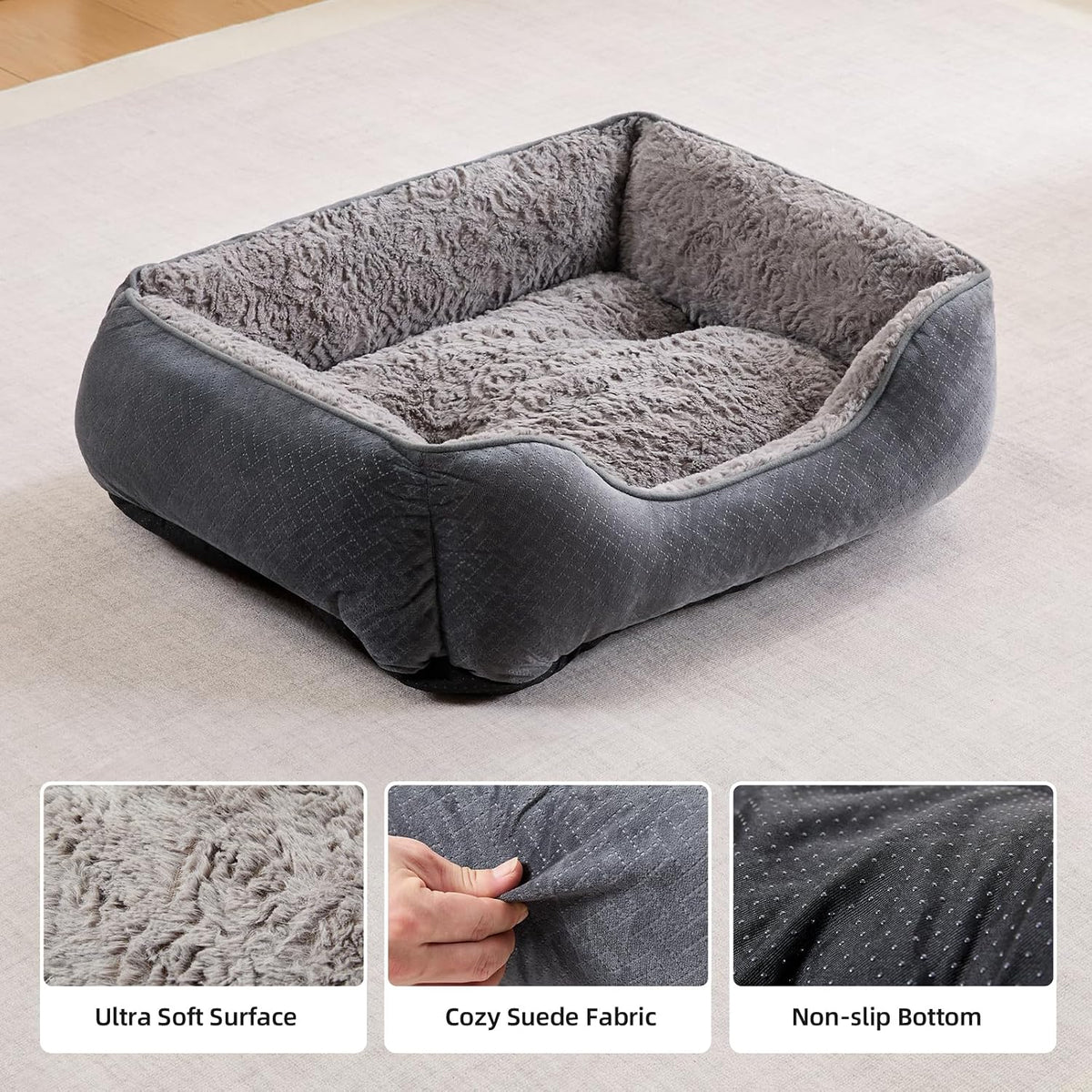 Dog Bed for Medium Large Dogs Washable, Super Soft Rectangle Dog Beds Medium Large Size, Warming Durable Pet Bed with Anti-Slip Bottom, Anti-Anxiety, Grey, 30 x 24 x 9inch