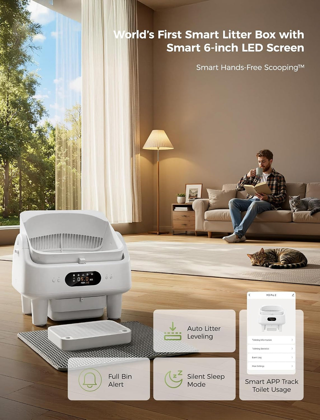 Open Top Self Cleaning Litter Box, Automatic Cat Litter Box for Multiple Large Cats with APP Control, 10 Safety Sensors, 6" LED Display, Quiet Odor Control, Trash Bags,Cat Stair, Litter Mat