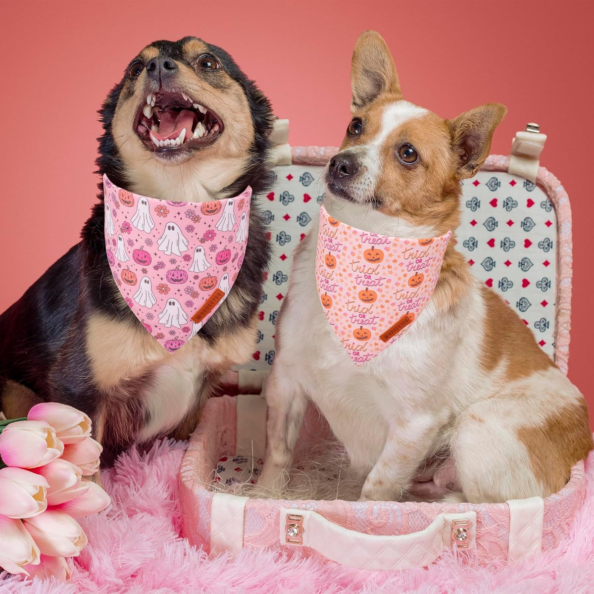 ADOGGYGO Pink Halloween Dog Bandanas Girl, Ghost Pumpkin Dog Scarf, Large