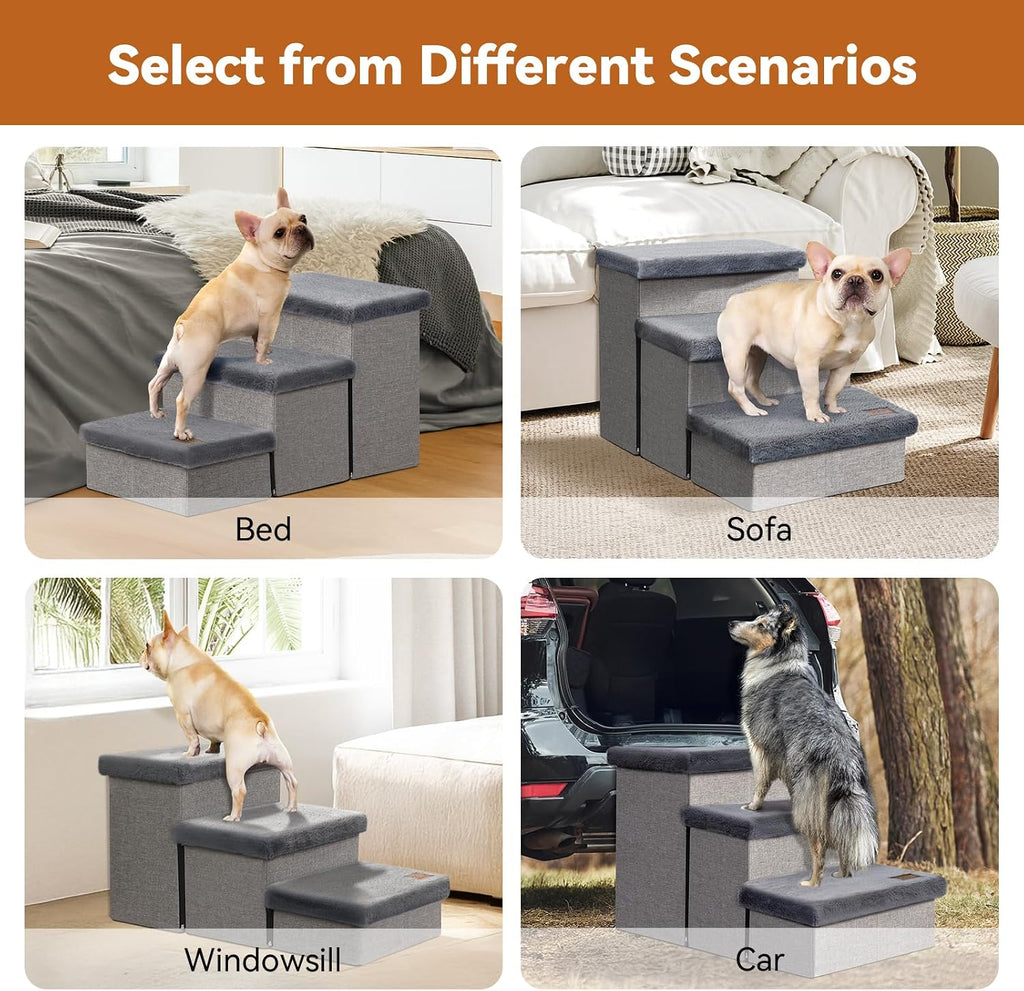 Zerbuger Dog Stairs with Storage, Grey Furry Lids 3 Steps Dog Ramp no Condo