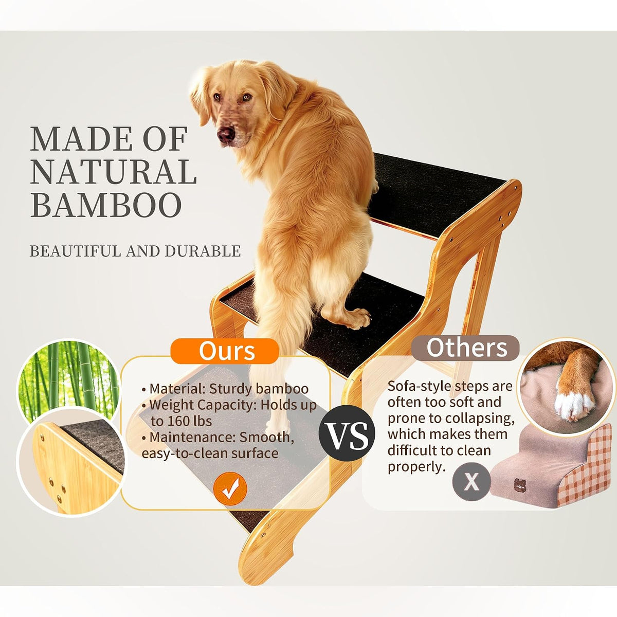 Extra Wide Dog Stairs for Large Dogs, 3-Step,Supports Up to 160 LB