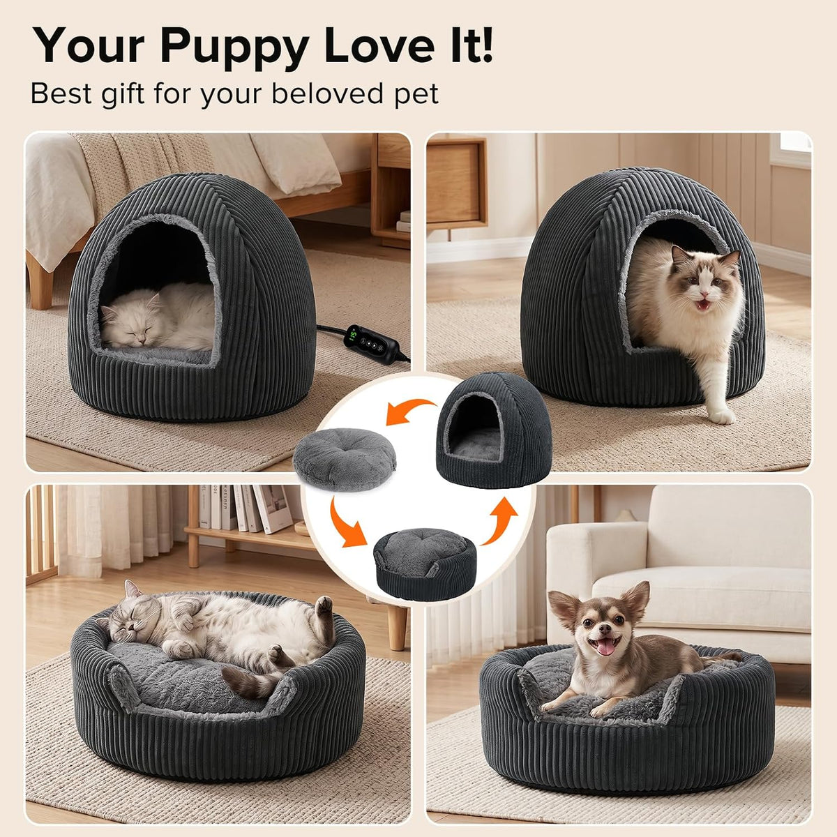 2 in 1 Foldable Heated Cat Cave Beds for Indoor Cats and Dogs