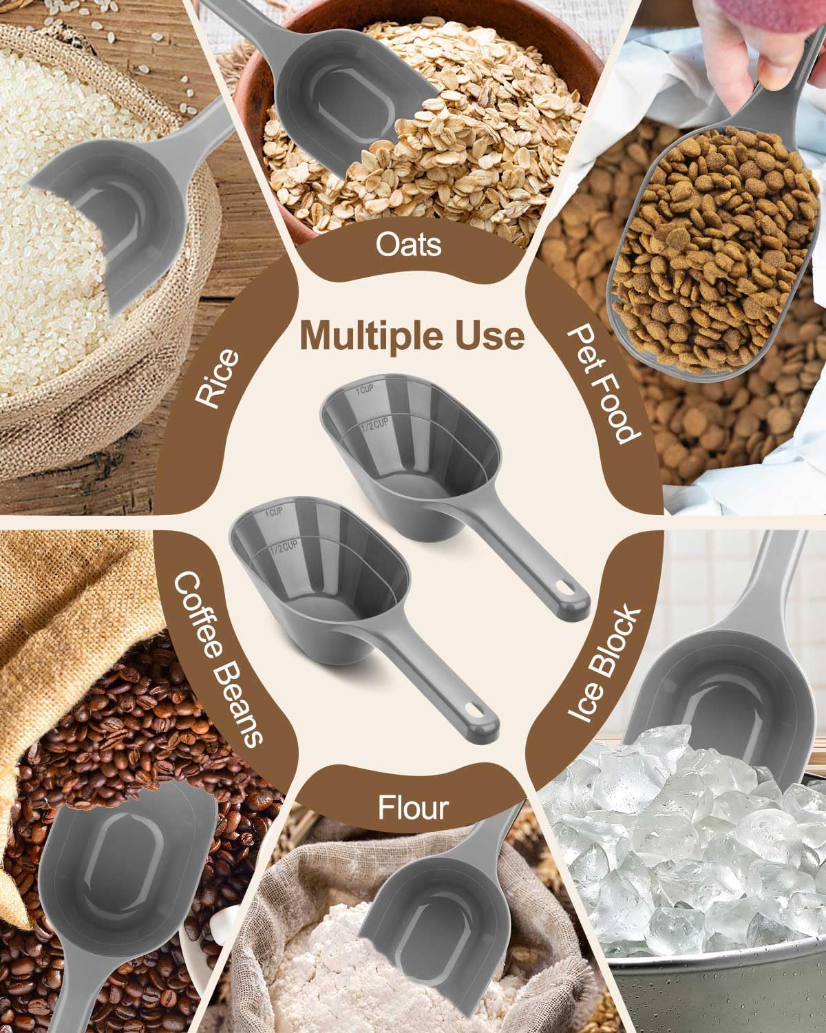 2 PACK Dog Food Scoop,1 Cup Capacity Pet Food Scoop For Dog and Cat (Grey) | Clear Markings for Precise Measuring 1/2 and 1 Cup Lines,Dishwasher Safe,Plastic,Portable and Sturdy