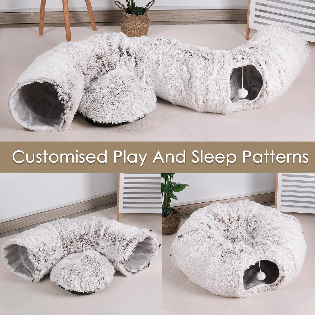 Peekaboo Cat Cave with Washable Mat, Collapsible Cat Play Tunnel for Kittens & Small Pets, Plush Cat Donut Bed Tunnel, Brown