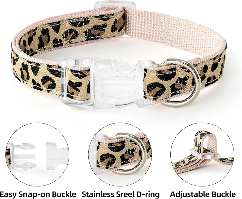 Mile High Life Leopard Dog Harness Collar Leash Set, Adjustable No Pull Dog Halter Harness for Small Breed Dogs, Easy Control for Training Walking (Beige, M Chest 15"-21", Neck 13"-17")