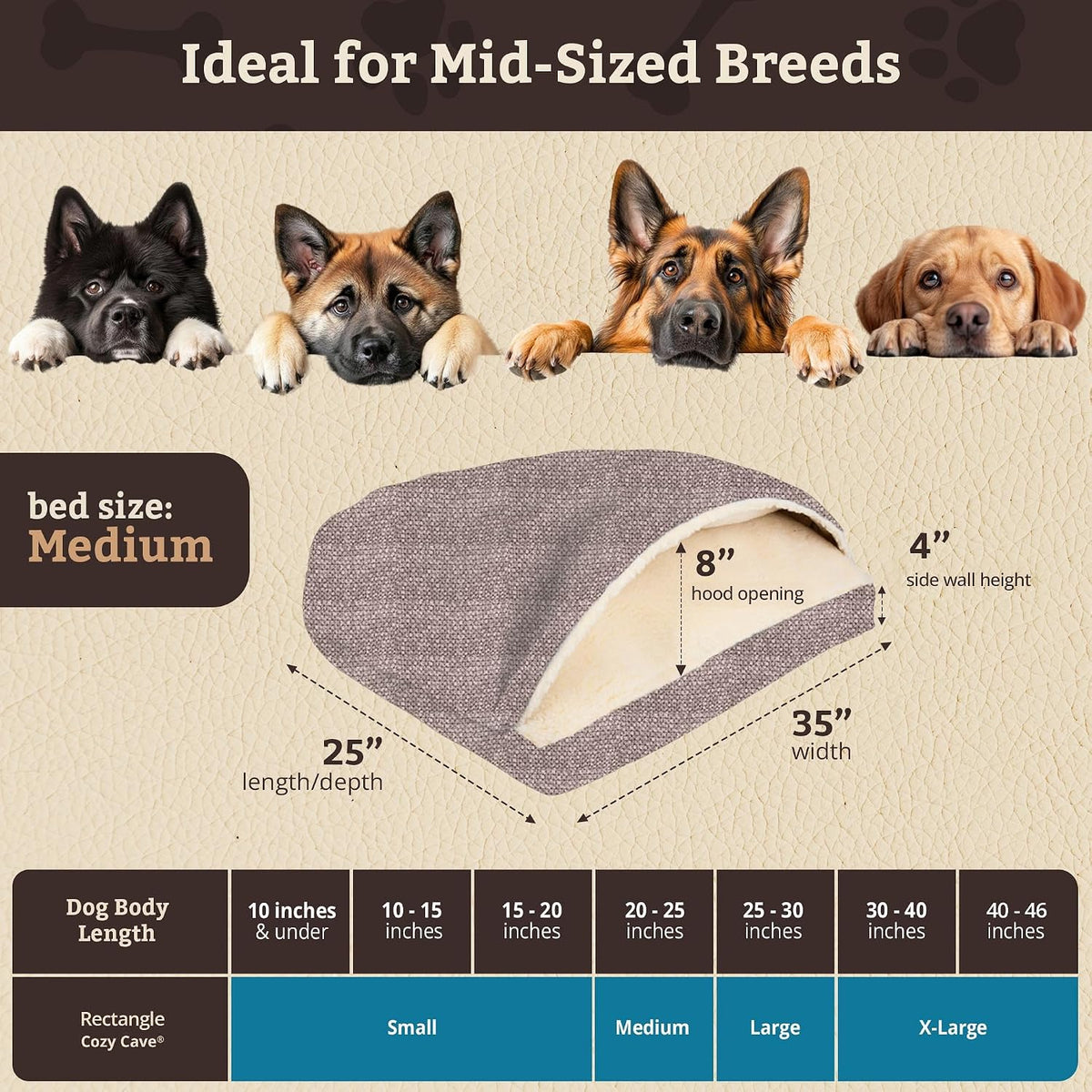 Snoozer Rectangle Cozy Cave Dog Bed, Hooded Dog Bed, Merlin Linen (M)