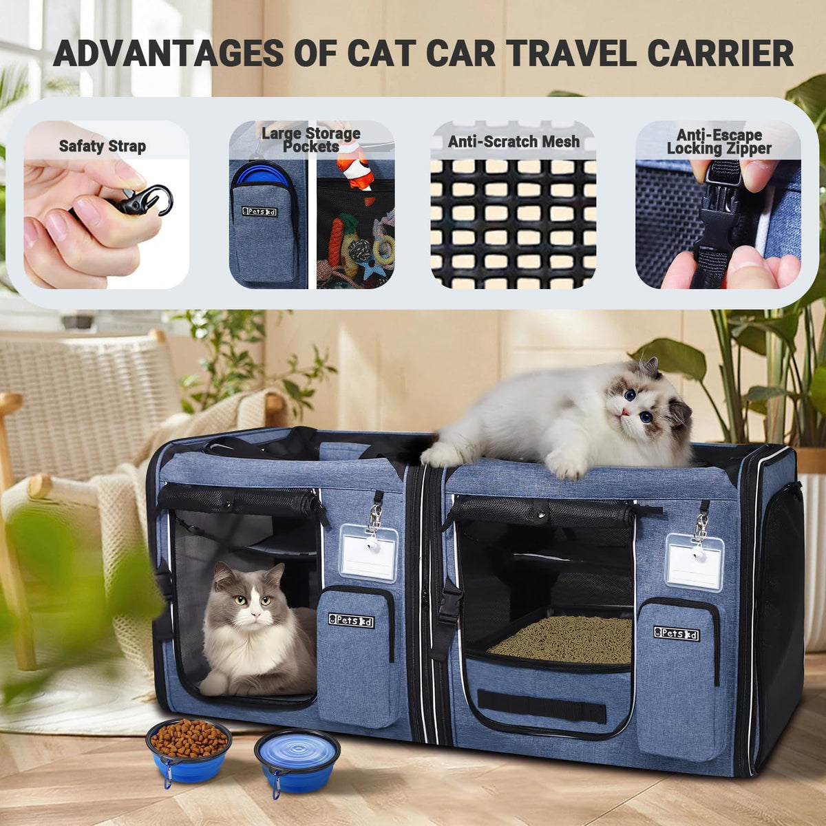 Petskd 2 in 1 Double Cat Car Travel Carrier with Litter Box, Blue