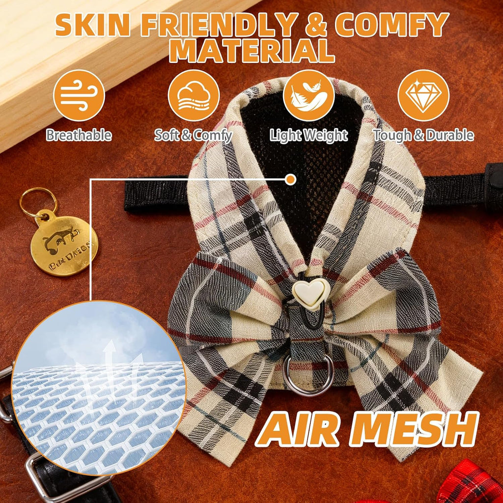 KOOLTAIL Cute Cat Harness and Leash Set with Bowtie, Small Dog Vest Harnesses, Step in No Pull Soft Mesh Padded Adjustable Plaid Pet Harness for Extra-Samll Medium Puppy Kitten, Boy Girl, Beige XS