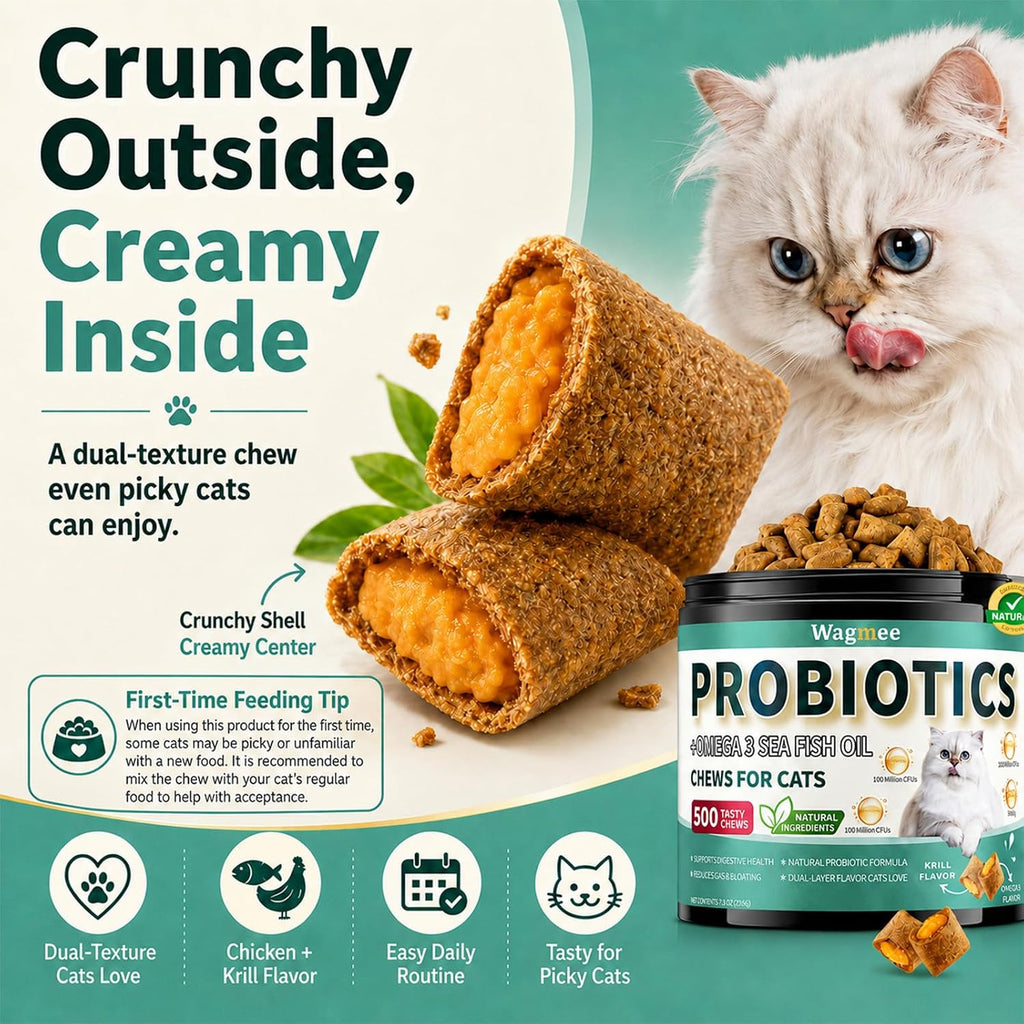 Cat Probiotics Chews 500 Count, Omega 3 Fish Oil Skin Coat Gut Support