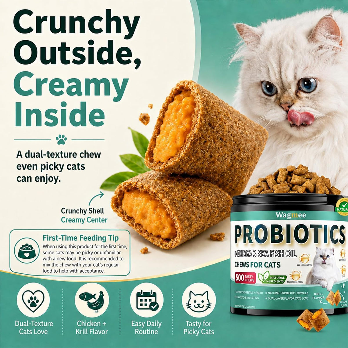 Cat Probiotics Chews 500 Count, Omega 3 Fish Oil Skin Coat Gut Support