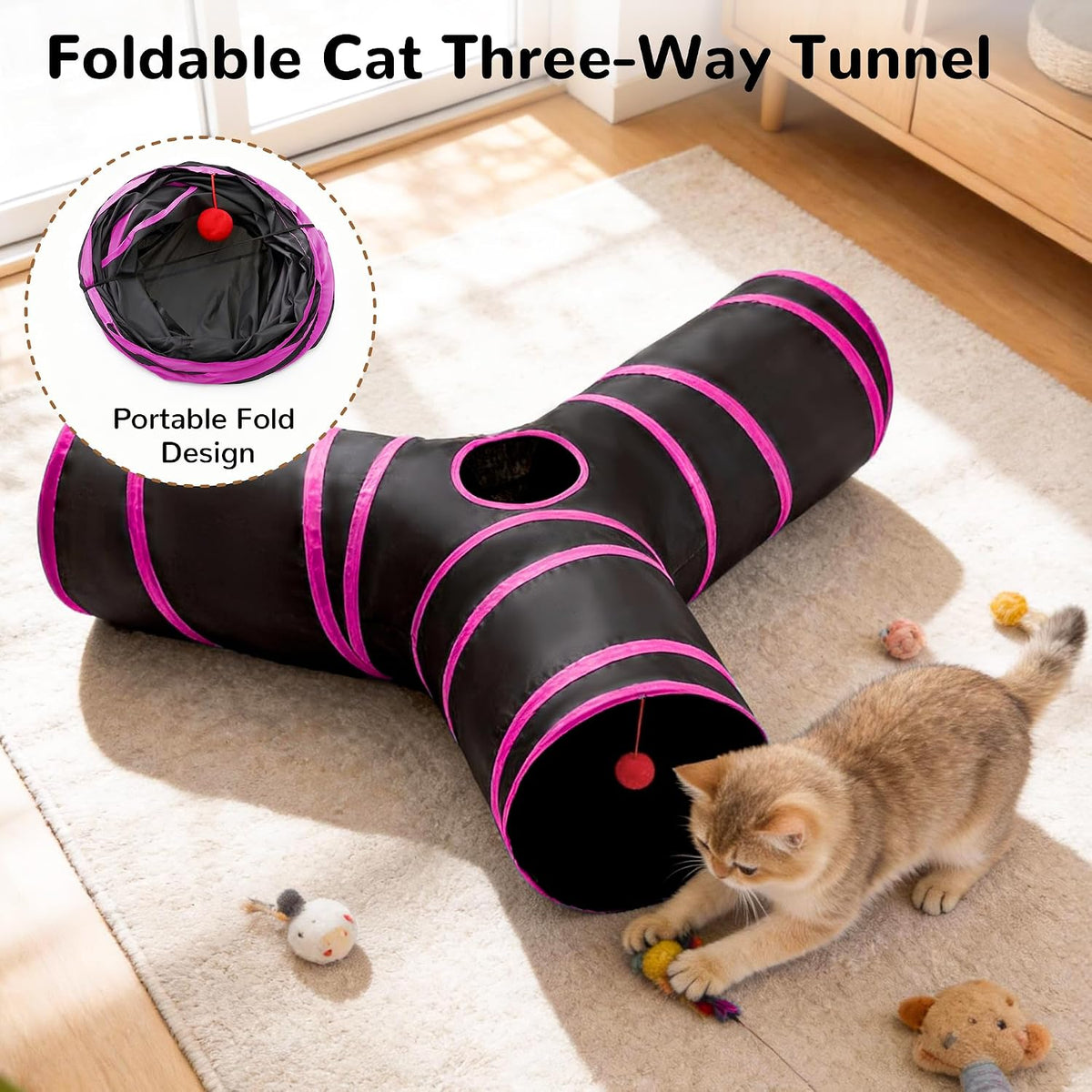 Tempcore Cat Tunnel, 3-Way Collapsible Toy, Large Size Black & Rose Red | Large Size 3-Way Cat Tunnel Provides More Room for Cats to Run, Hide and Chase, with Peek Holes, Hanging Ball and Teaser Wand