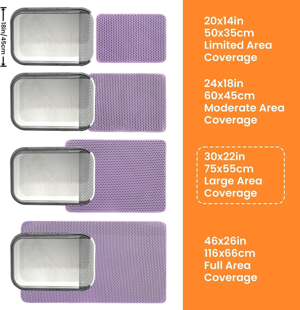 Extra Large Cat Litter Mat, Double Layer Honeycomb Design | 30x22”, Reduces Litter Tracking, Easy to Clean, Waterproof, Non-Slip, Soft on Paws, Scratch Resistant, Purple, XL