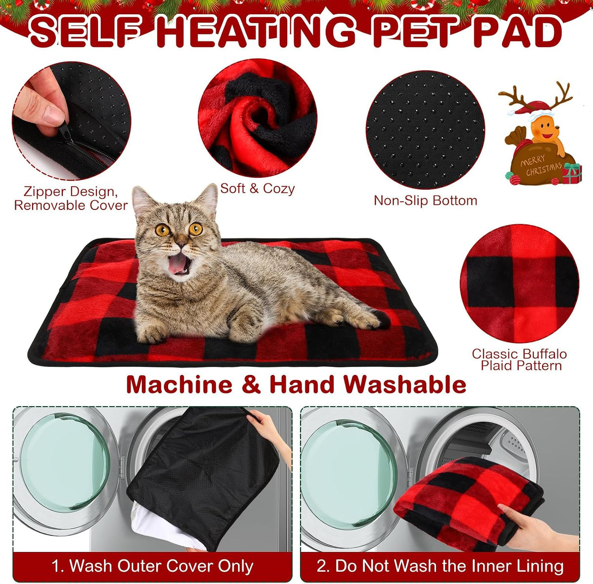 4 Pack Self Heating Cat Pad Self Warming Dog Mat, Plaid, 16 x 20 Inch