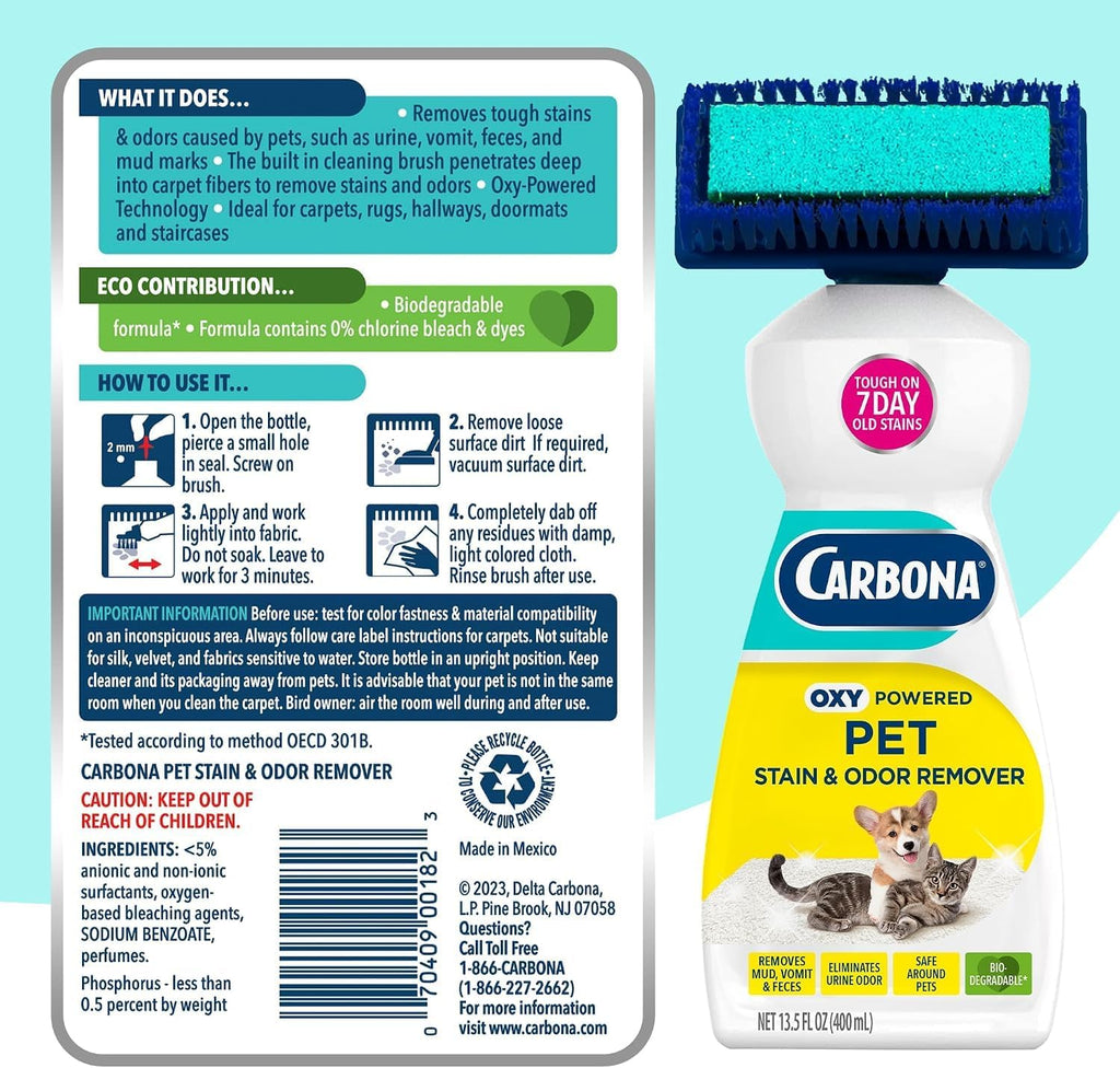 Carbona Oxy-Powered Pet Stain & Odor Remover, 2-in-1 Foaming Carpet Cleaner with Built-In Brush, Targets Urine, Vomit, Mud Messes from Dogs, Cats, 13.5 Oz (Pack of 3)