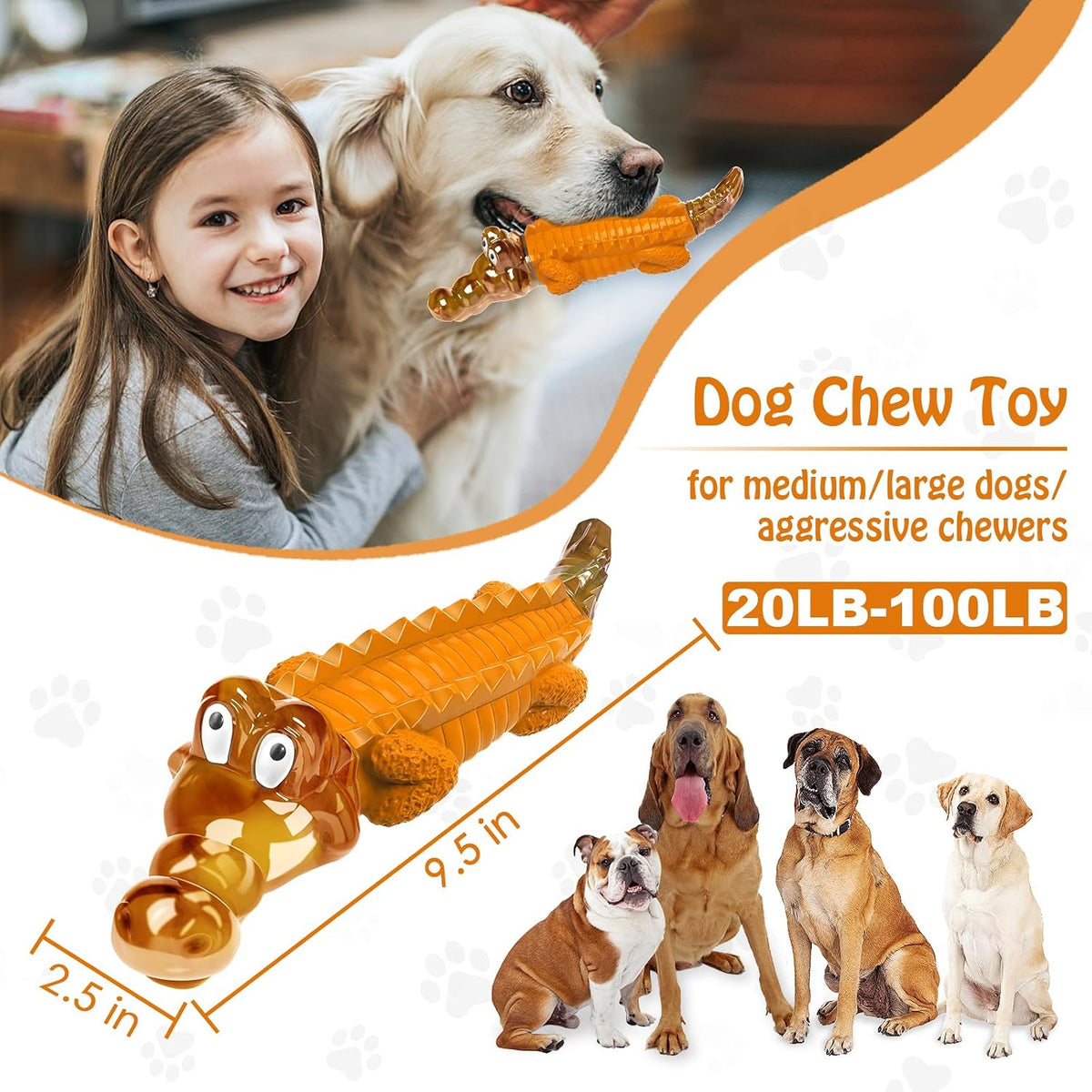 Jeefome Crocodile Dog Chew Toy for Small & Medium & Large Dogs | Clean Teeth, Tough Nylon and Natural Rubber for Boredom & Anxiety Relief（Orange）
