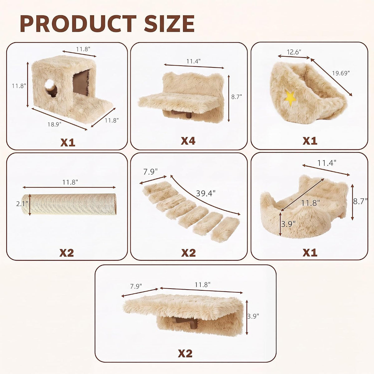 Cat Wall Furniture, 13 in 1 Moon & Bridge Cat Wall Shelves, Beige