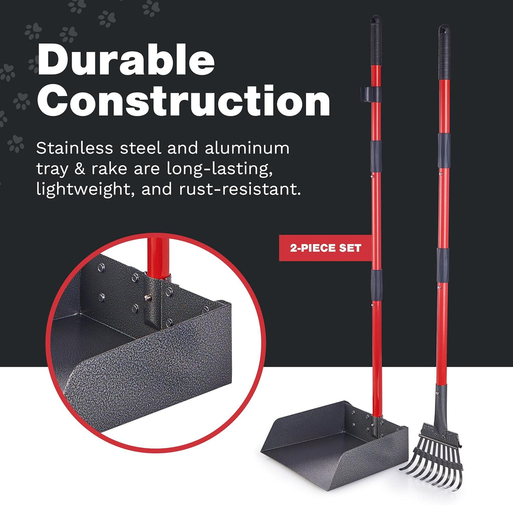Metal Pooper Scooper for Dogs with Heavy Duty Long Handle Rake & XL Tray