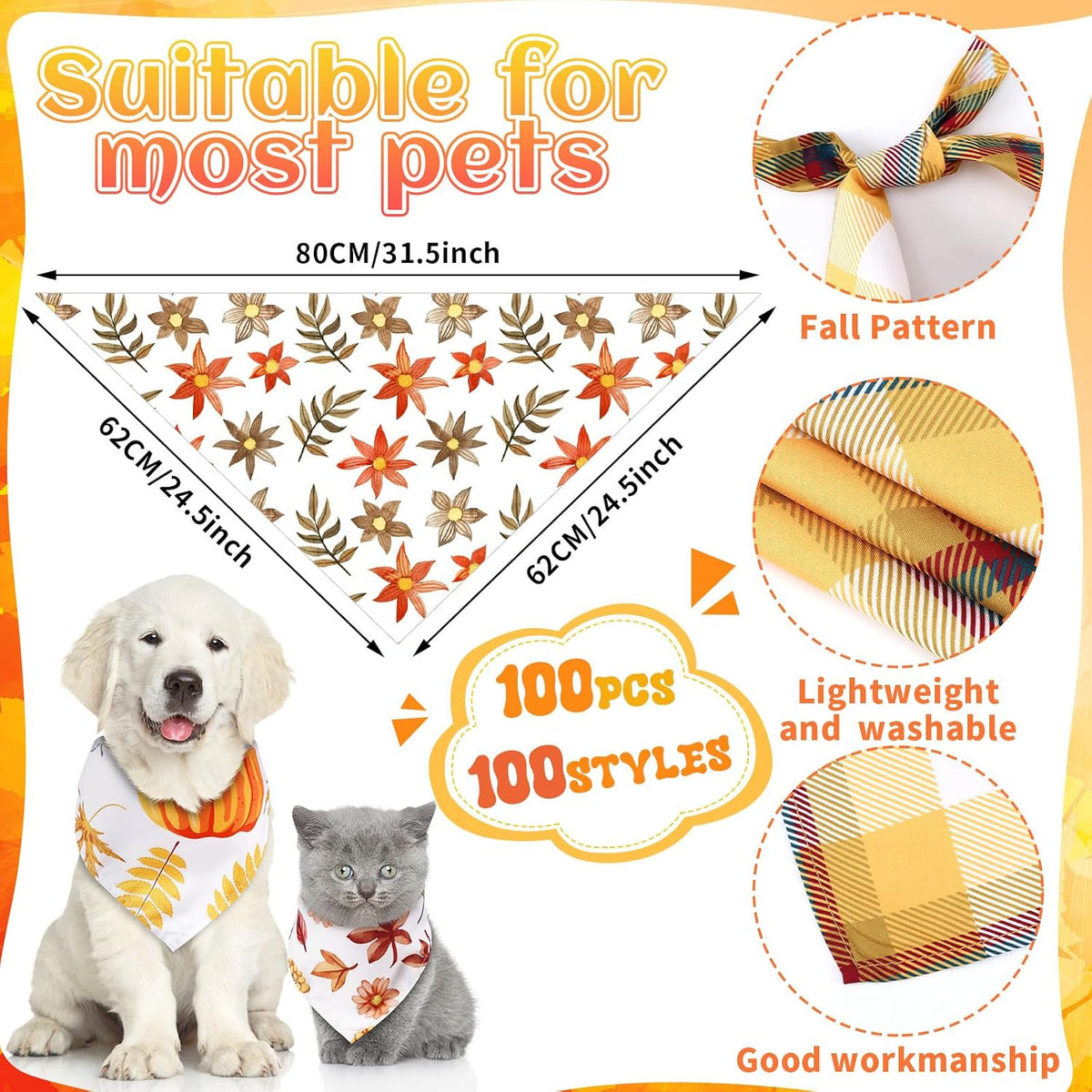 Huhumy 100 Pcs Fall Dog Bandanas Bulk XL Bandanas for Medium Large Dogs