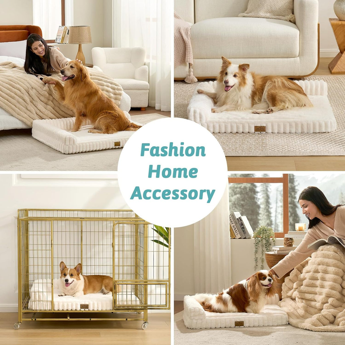 COZY KISS Faux Rabbit Fur Large Dog Bed – 44"x32" Orthopedic Foam Couch with Sides, Removable Washable Cover & Waterproof Lining, Cream