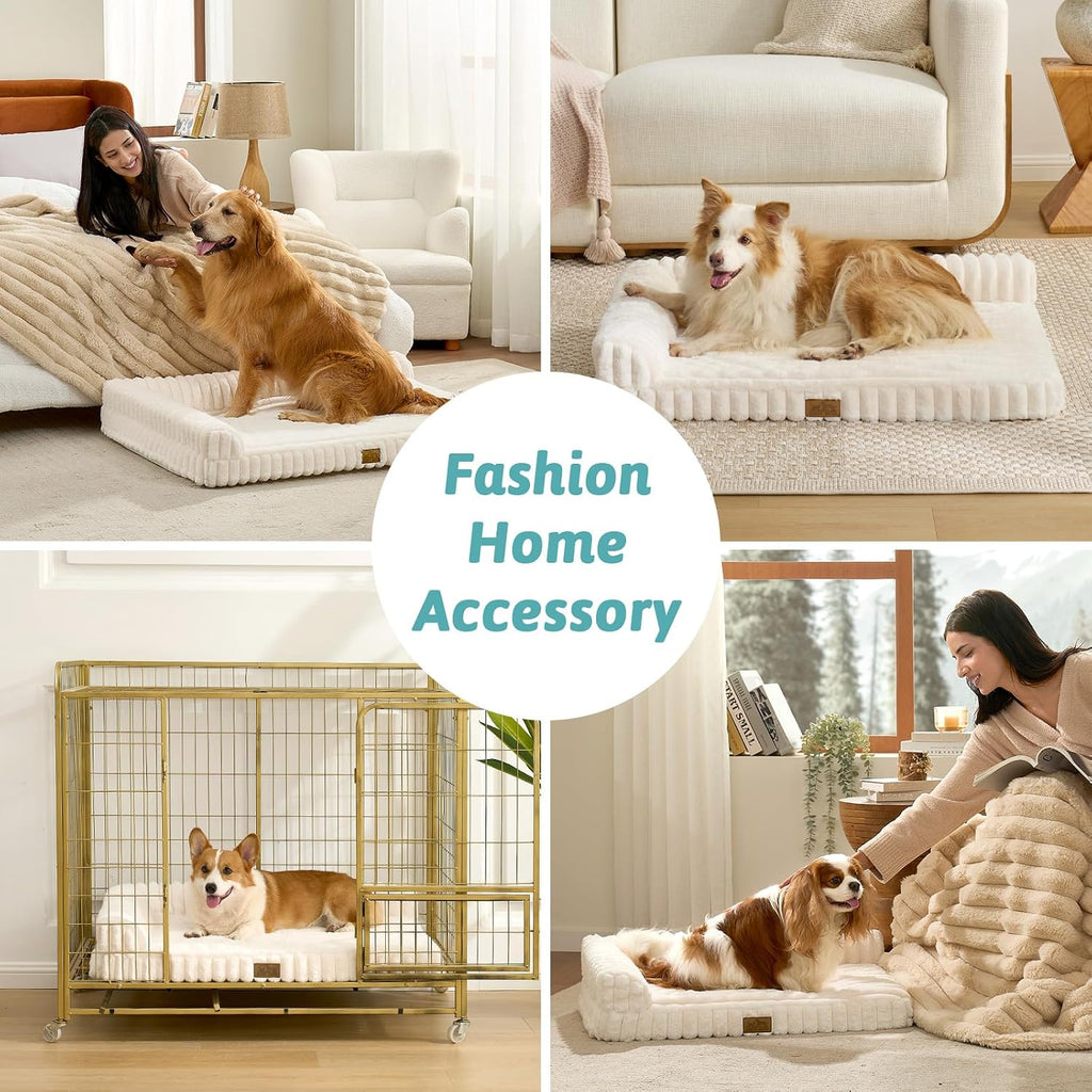 COZY KISS Faux Rabbit Fur Medium Dog Bed – 36"x27" Orthopedic Foam Couch with Sides, Removable Washable Cover & Waterproof Lining, Cream