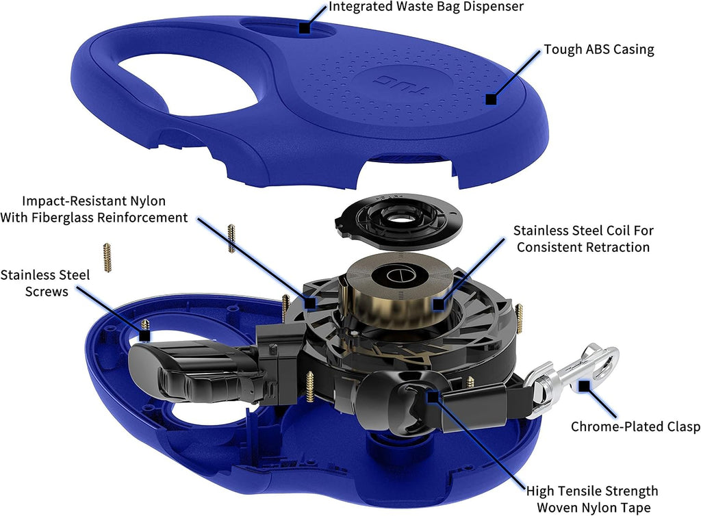 TUG Oval 360° Tangle-Free Retractable Dog Leash with Integrated Waste Bag Dispenser (Medium, Blue)