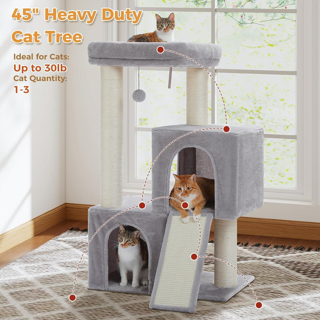 PAWZ Road Large Cat Tree, 45" Heavy Duty Cat Tower with Dual Condos, Gray