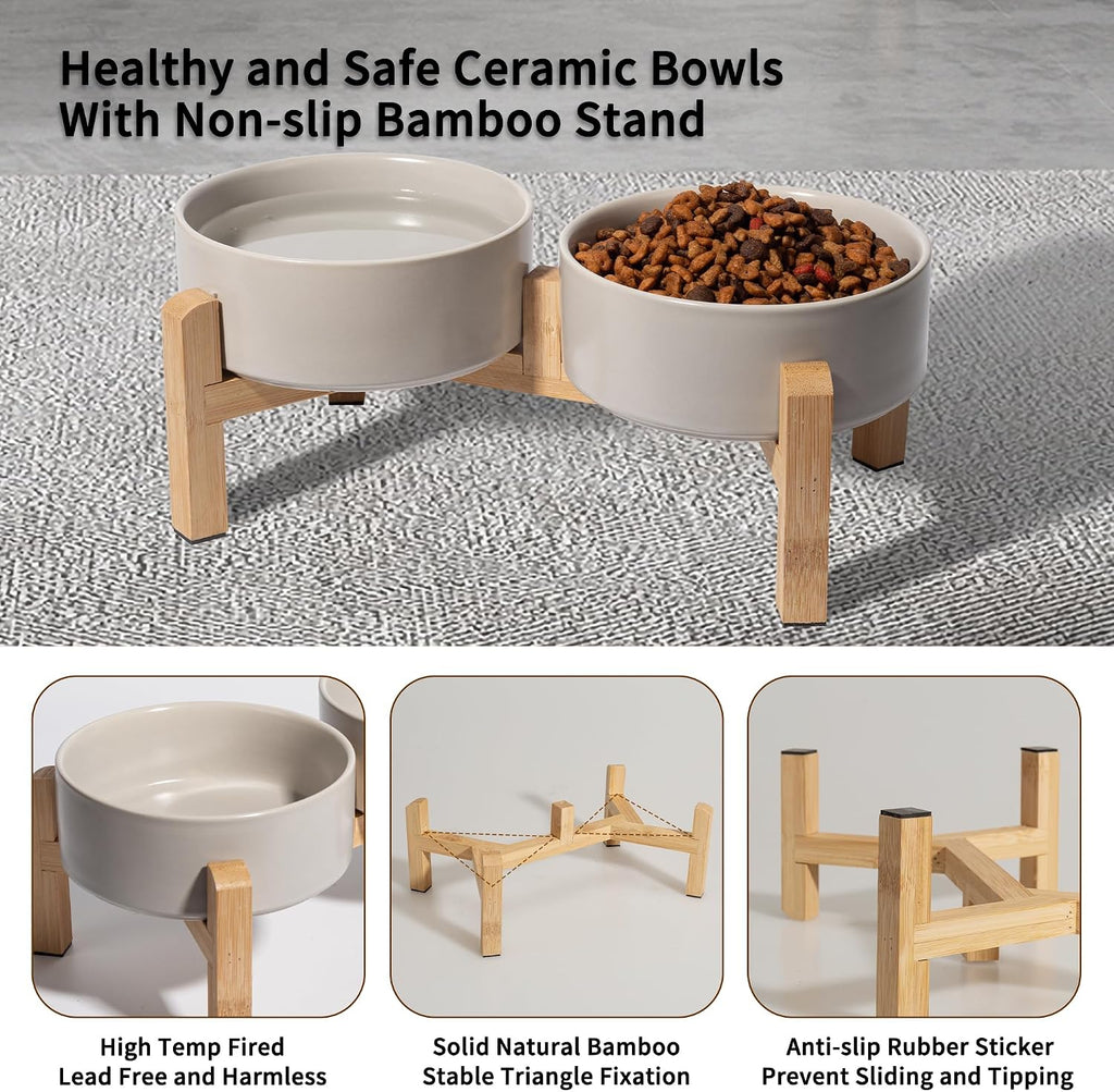 Elevated Ceramic Dog Bowl, 2 Cups Dog Food and Water Bowl Set with Stand | 5.1'' Double Dog Feeding Dishes, Non-Slip Raised Dog Feeder for Cats and Puppies, 16.23 OZ / 480 ML, White