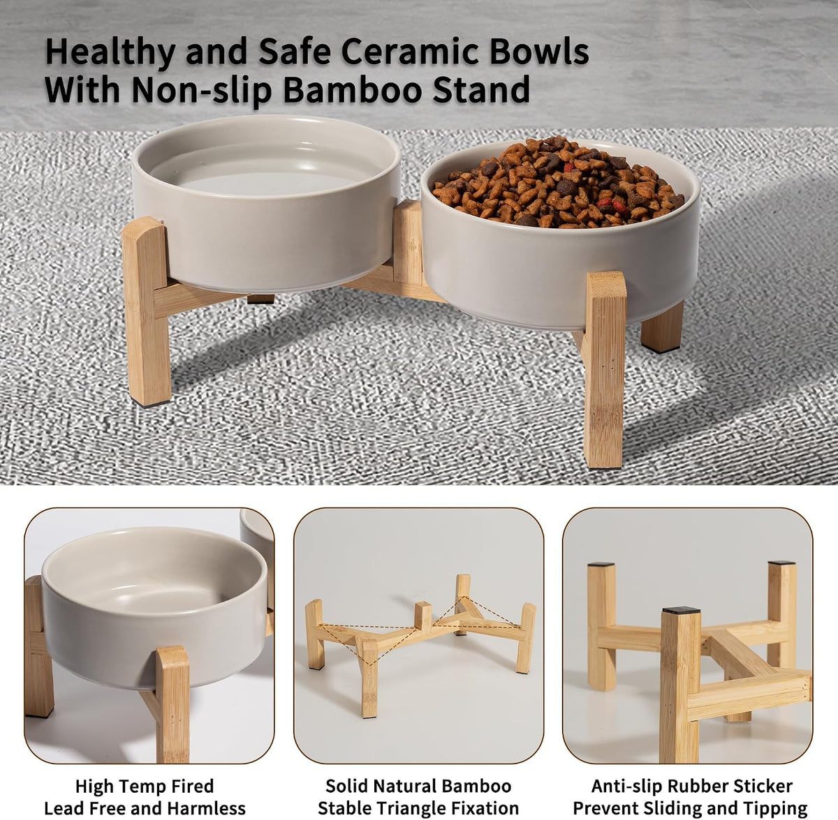 Elevated Ceramic Dog Bowl, 2 Cups Dog Food and Water Bowl Set with Stand | 5.1'' Double Dog Feeding Dishes, Non-Slip Raised Dog Feeder for Cats and Puppies, 16.23 OZ / 480 ML, White