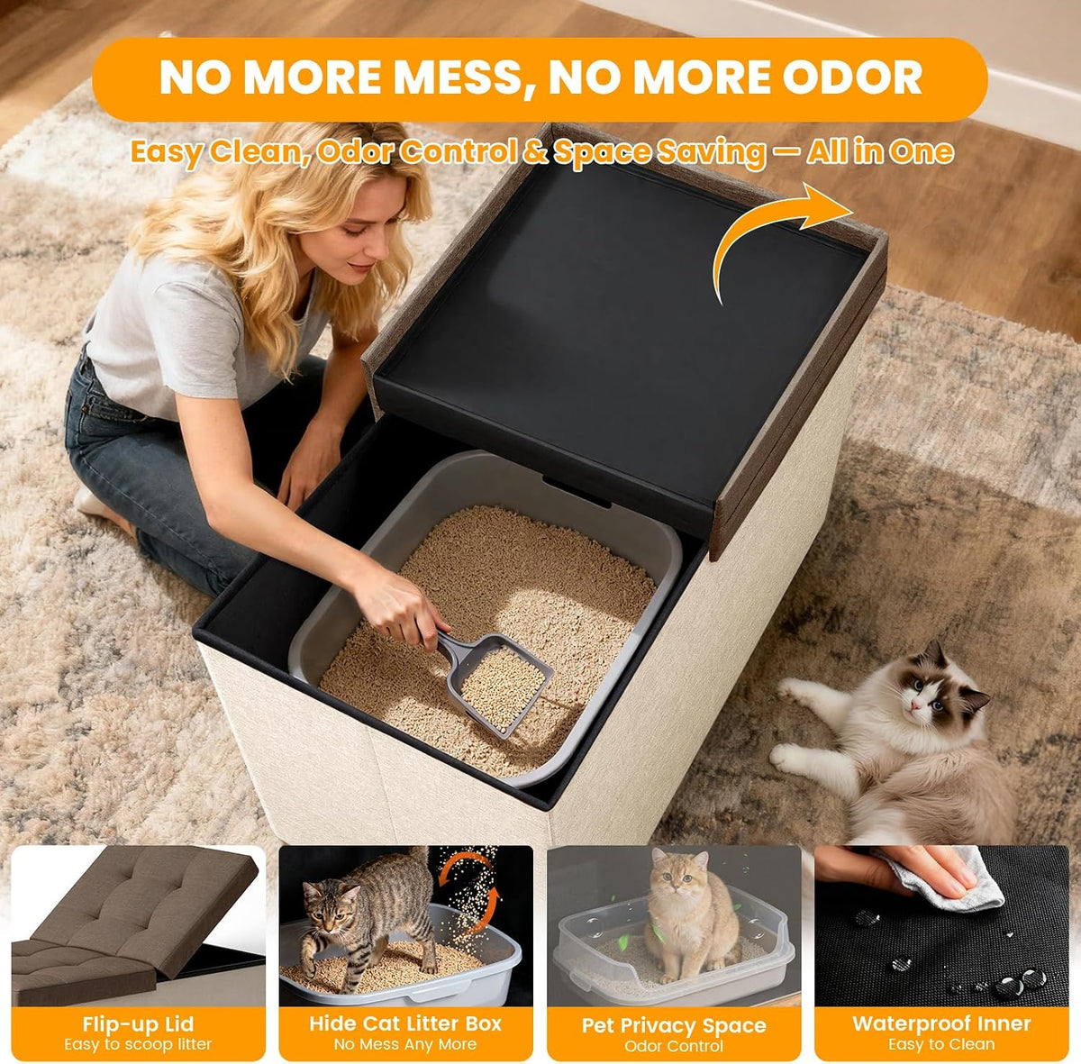 3-in-1 Cat Litter Box Enclosure, X-Large, Beige+Brown Lid