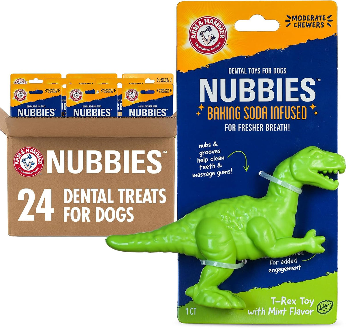 Arm & Hammer Nubbies T-Rex Dog Dental Chew Toy, Mint Flavor, 24-Pack | Nylon construction, baking soda infused, reduces plaque and tartar without brushing, moderate chewers