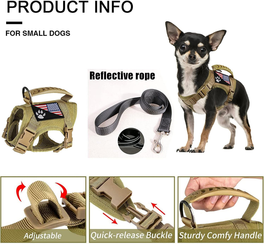 Tactical Dog Harness with Leash Tactical Puppy Vest with Rubber Handle K9 Military Adjustable Pet Harness for Outdoor Training XS Dog Harness (Brown Harness with Leash)