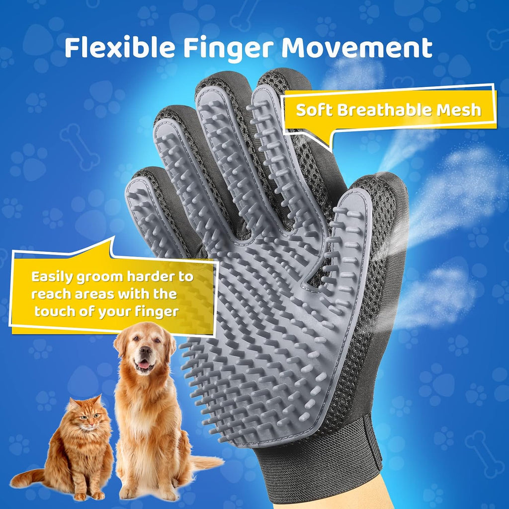 Pet Hair Removal Glove with 255 Silicone Tips for Dogs & Cats, 1 Pair Gray | 2-in-1 Deshedding & Massage Mitt, 5-Finger Flexible Design, for Bathing & Grooming, Safe for Long/Short/Curly Hair Pets 