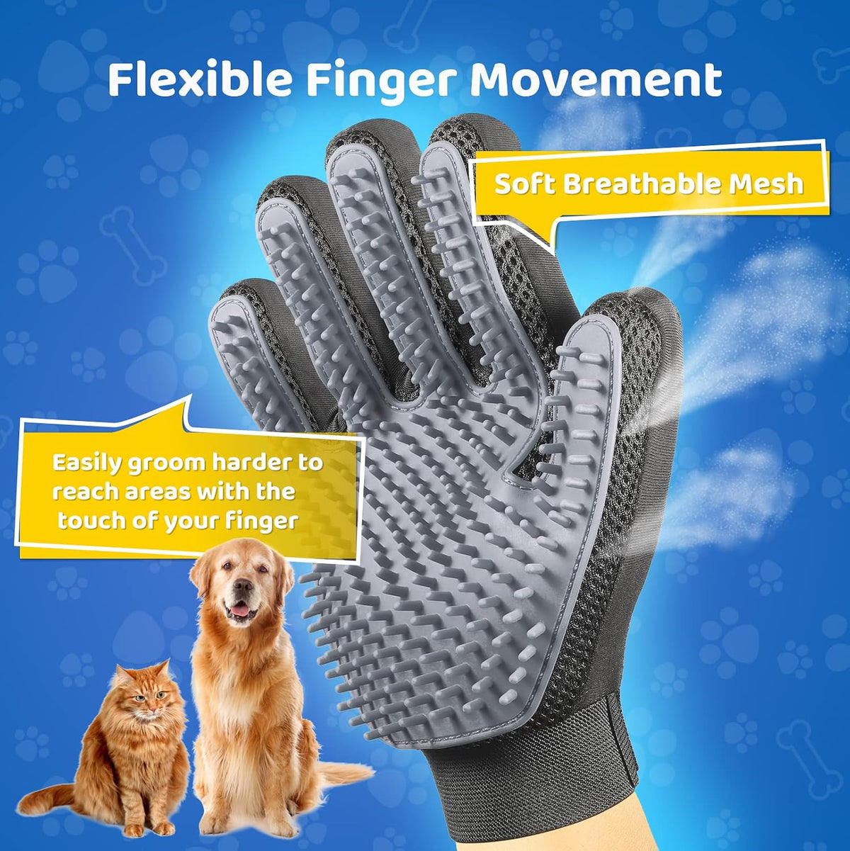 Pet Hair Removal Glove with 255 Silicone Tips for Dogs & Cats, 1 Pair Gray | 2-in-1 Deshedding & Massage Mitt, 5-Finger Flexible Design, for Bathing & Grooming, Safe for Long/Short/Curly Hair Pets 