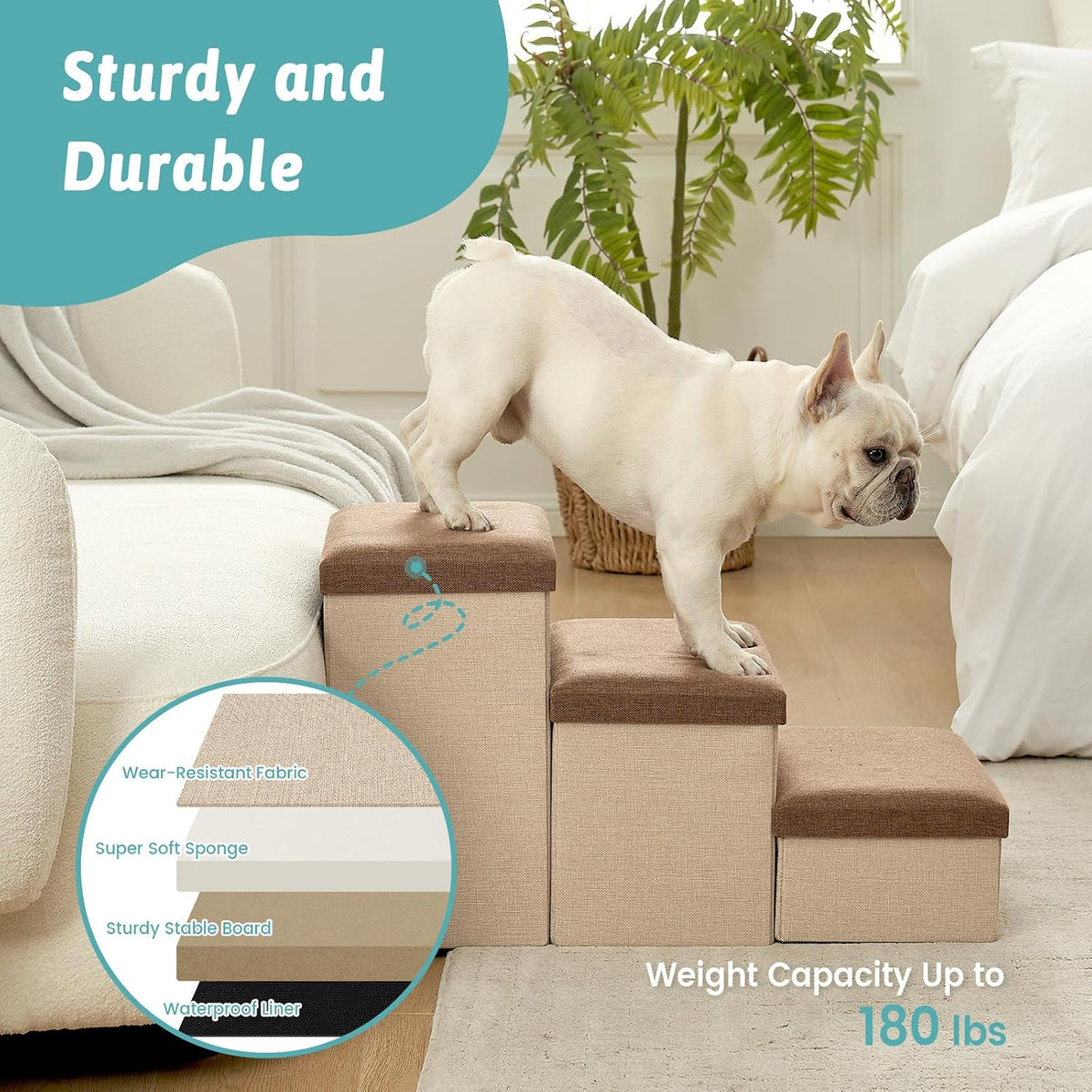 COZY KISS Dog Stairs with Storage, 16.7" H Wider Dog Steps, 3-Step