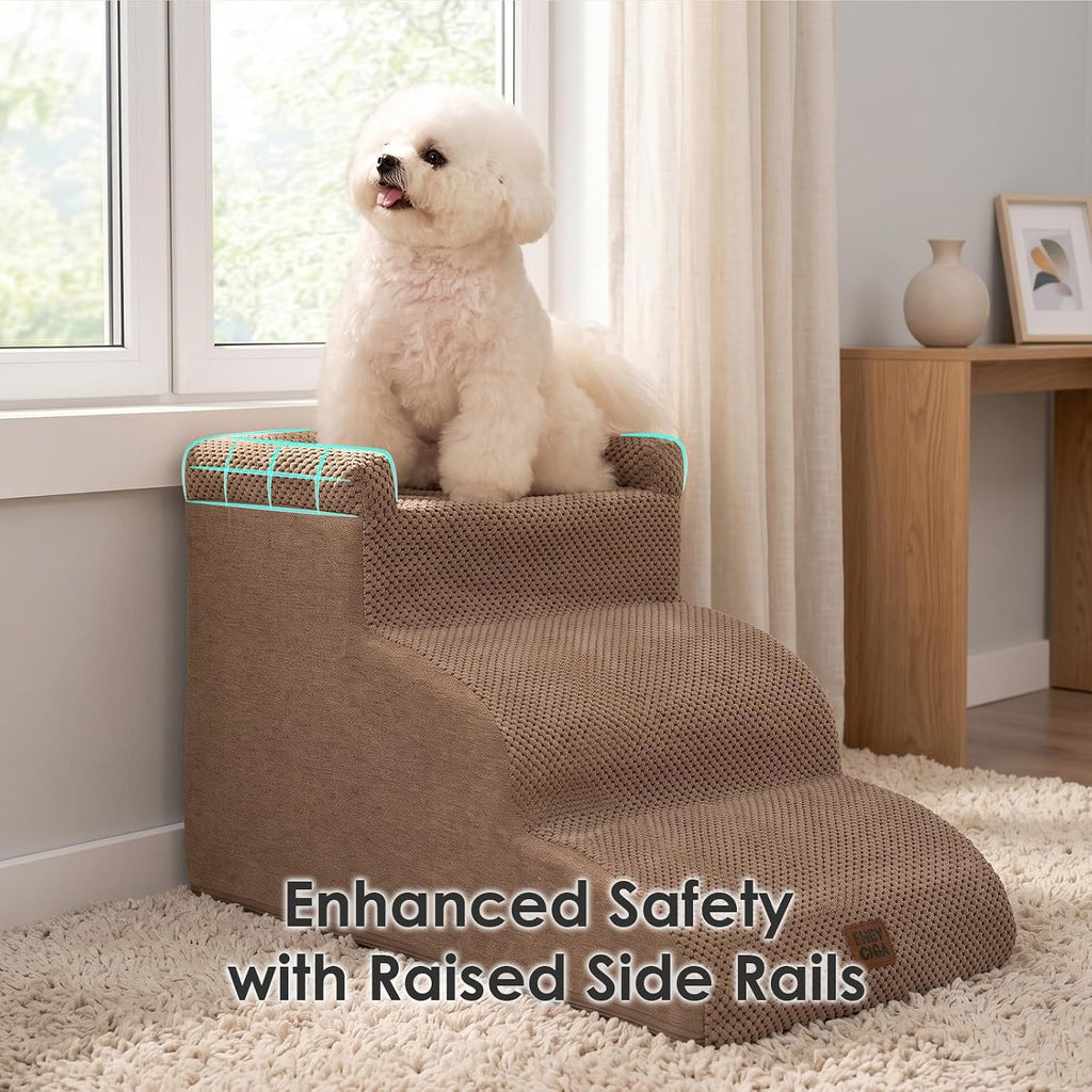 EHEYCIGA 3-Step Curved Dog Stairs for Small Dogs 14" H, Camel
