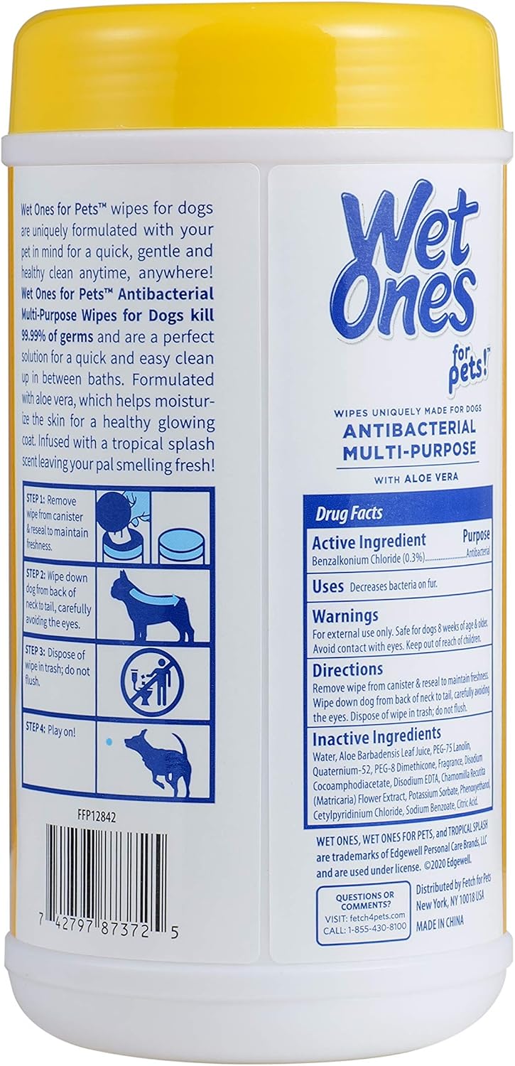 Wet Ones for Pets Antibacterial Dog Wipes, Tropical Splash, 50 Count, 3-Pk | Multi-purpose grooming wipes with aloe vera for paws, face, and body, easy cleanups between baths 