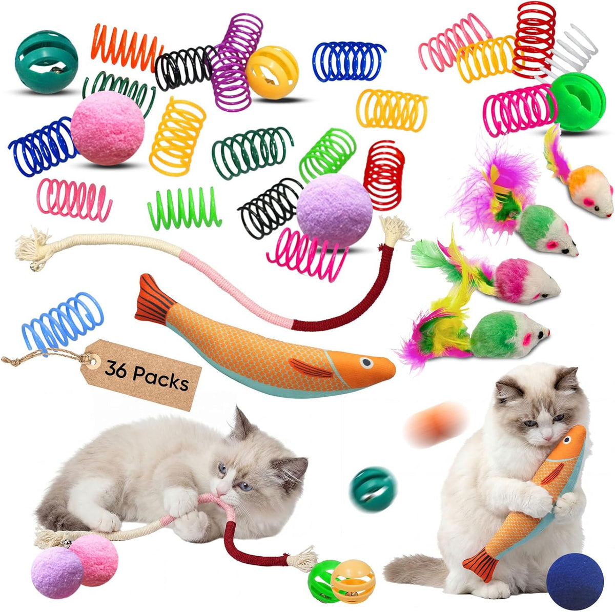 Cat Toys for Indoor Cats, 36 Pack Interactive Cat Toy Set | Kitten Toys Variety Pack with Plush Fish, Chew Ropes, 12Colors Spring, Mouse & Ball, Ideal for Boredom Relief and Self Play