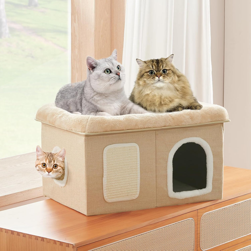WINDRACING Cat Beds for Indoor Cats - Extra Wide Cat House for Pet and Foldable Cat Cave Bed with Scratch Pad, Cat Hideaway Condo for Kitten, 24.4x16.9x14.2 inches, Beige