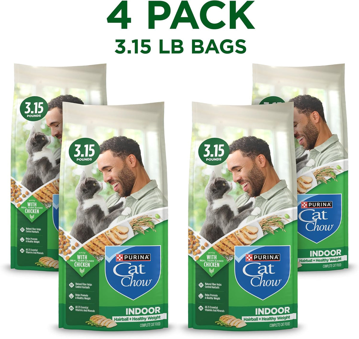 Purina Cat Chow Indoor Hairball + Healthy Weight Dry Cat Food, (4) 3.15 lb